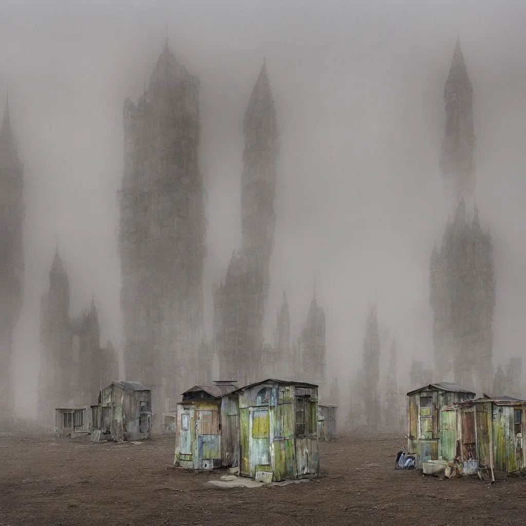 Prompt: two towers, made up of makeshift squatter shacks with pastel colours, misty, dystopia, mamiya rb 6 7, fully frontal view, very detailed, photographed by jeanette hagglund