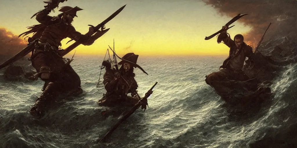 Image similar to two pirates facing each other in death duel, axes, gun, smoldering barrel, gunpowder smoke, dramatic, bloody scene, sunset background, ship on the horizon!, portrait 4 / 3, high detail, greg rutkowski, james gurney, gene wolfe, gustave dore, jesper ejsing, rhads, makoto shinkai, ilya kuvshinov