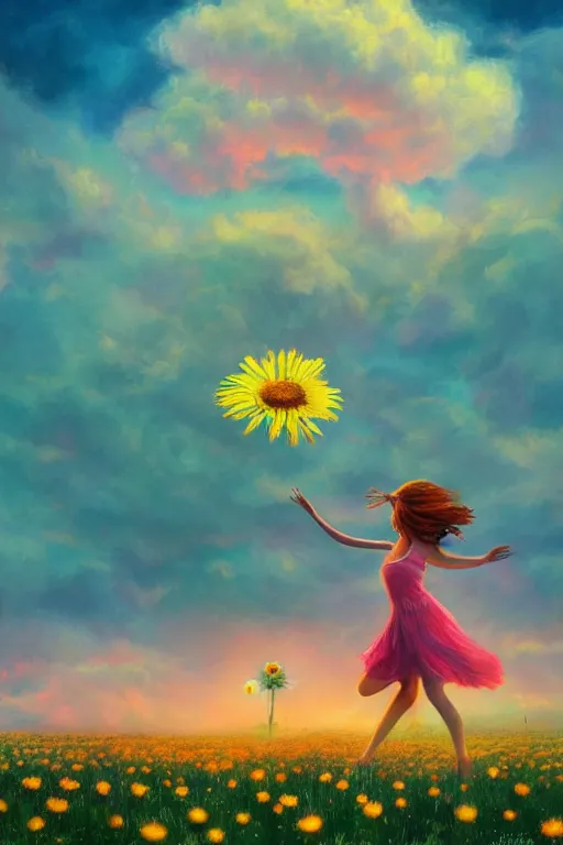 Image similar to giant daisy flower as head, girl dancing in a flower field, surreal photography, sunrise, dramatic light, impressionist painting, colorful clouds, digital painting, artstation, simon stalenhag