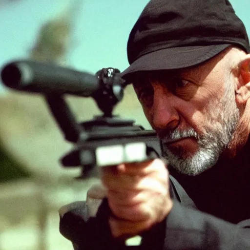 Image similar to Film still of Mike Ehrmantraut aiming with a !!!!!sniper rifle!!!!!, 4k, !!!!highly detailed!!!!