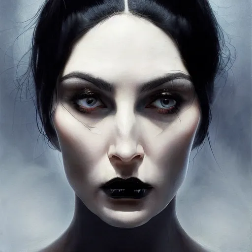 Image similar to Face of a beautiful woman with very black hair, intimidating woman, large black eyes, high forehead, smooth pale skin, ethereal skin, ominous, eldritch. oil painting by nuri iyem, james gurney, james jean, greg rutkowski, highly detailed, soft lighting, chiaroscuro