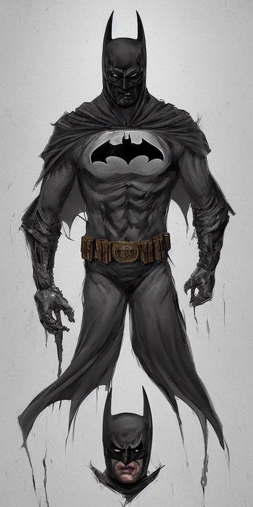 Prompt: A horror character concept based on batman, trending on artstation, digital art