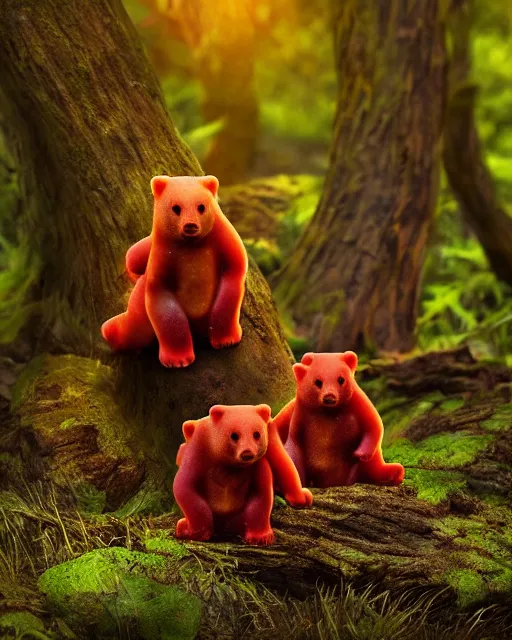 Image similar to national geographic photo of wild gummy bears, wildlife photography, 4 k photo, dynamic lighting