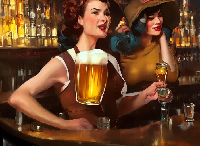 Prompt: greg manchess painting of a delicious mug of beer in a dieselpunk bar, medium shot, organic painting, matte painting, bold shapes, hard edges, street art, trending on artstation, by huang guangjian and gil elvgren and sachin teng