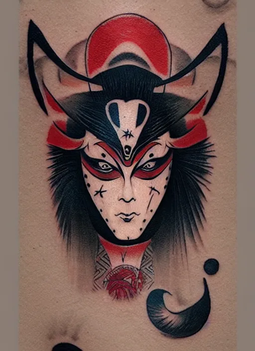 Image similar to kabuki mask tattoo design by greg rutkowski