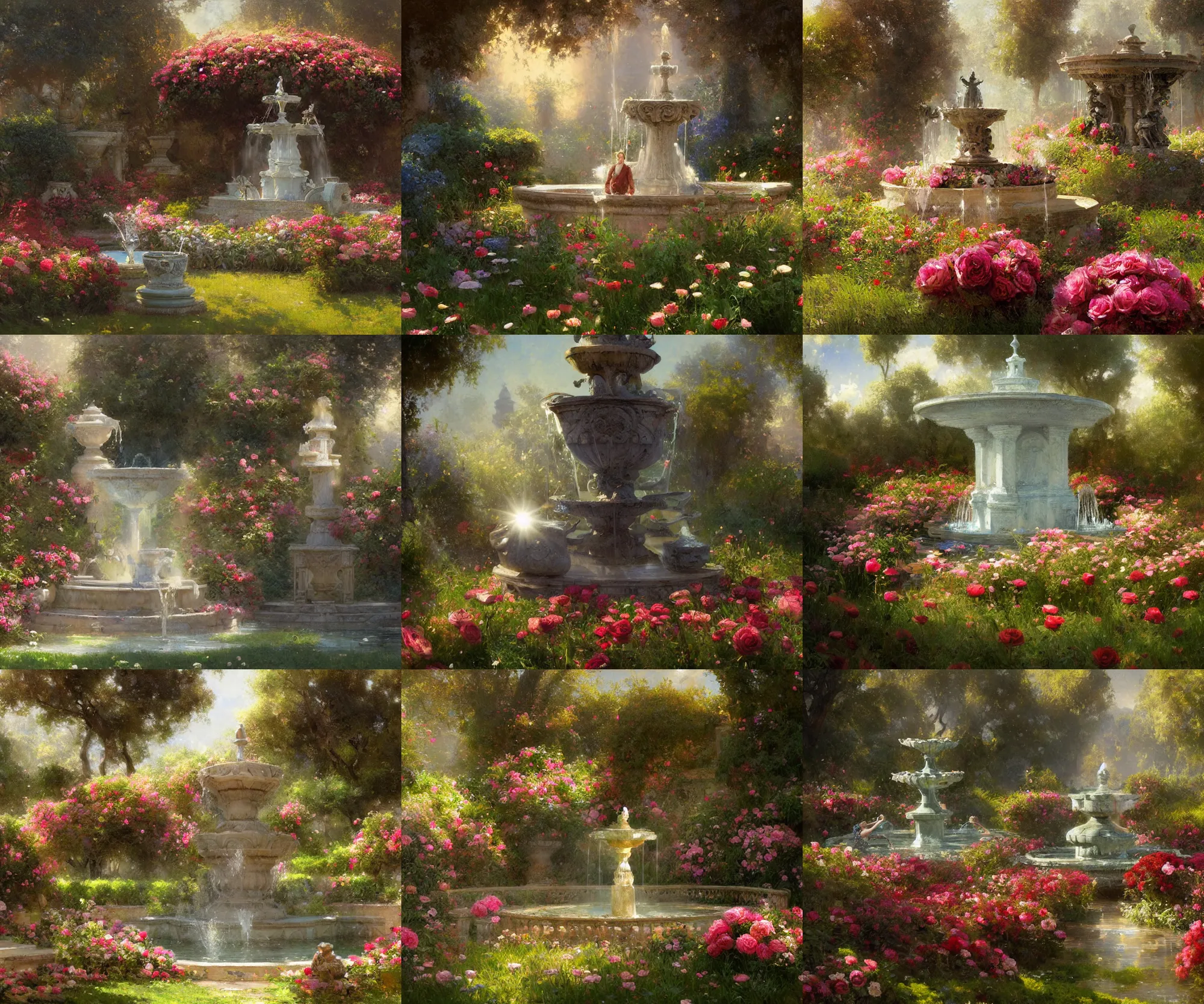 Prompt: digital art painting of a fountain in the middle of a garden surrounded by grass and roses and flowers painted by craig mullins and gaston bussiere and greg rutkowski, dramatic lighting, symmetrical facial features, symmetrical face, defined facial features, close up