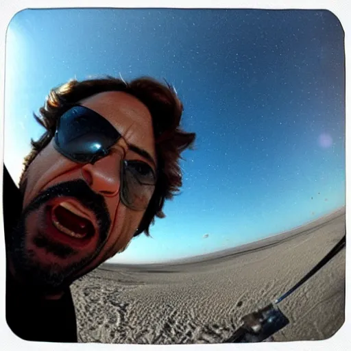 Image similar to robert downey jr eating a delicious hot dog on the moon, gopro selfie with a fisheye lens