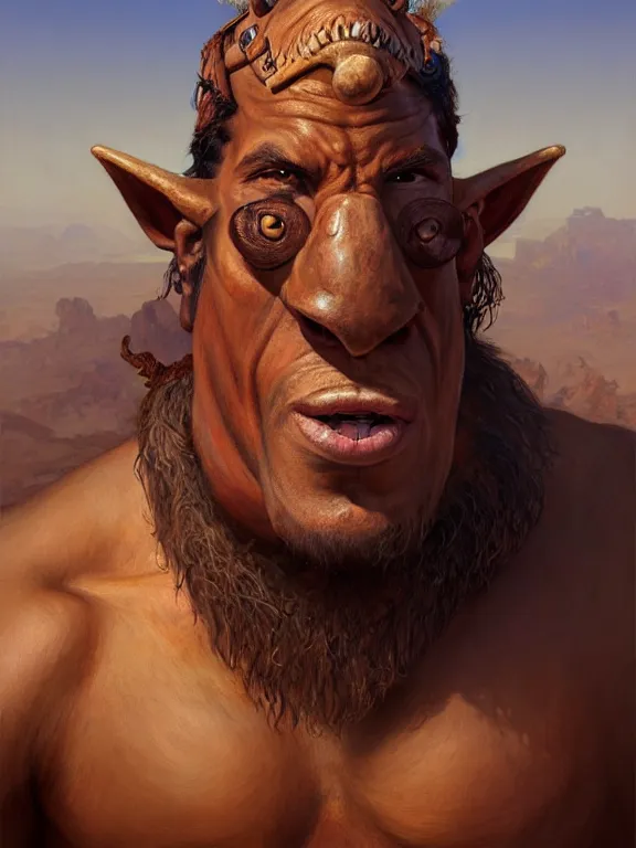 Prompt: portrait of a brown desert troll, looking at camera, d & d, large muscular savage warrior, cloth attire, short aztec hair, large noses, intricate, fantasy, extremely detailed, digital painting, artstation, concept art, smooth, sharp focus, illustration, ambient lighting, art by artgerm and greg rutkowski and alphonse mucha and simon stalenhag