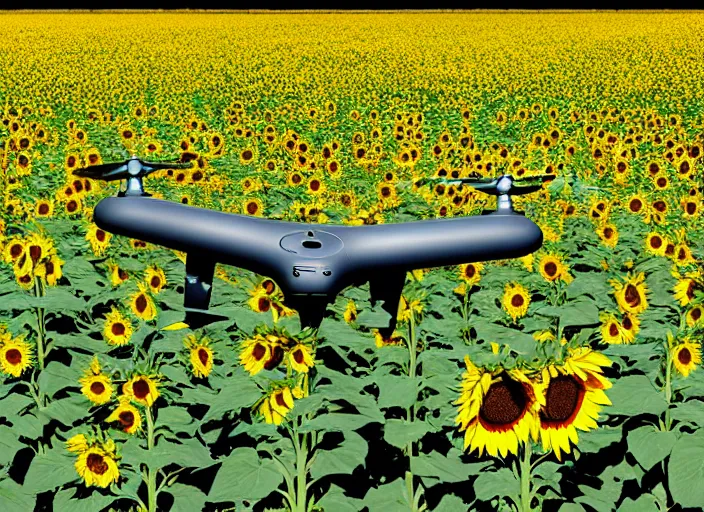 Image similar to Propaganda Poster of an American Military UAV in a sunflower field.