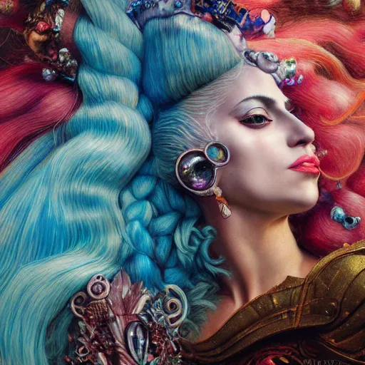 Image similar to photo realistic, hyper realism, lady gaga artpop act ii album, intricate detail, hyper detail, gaston bussiere, sandro botticelli style, with neon aqua rapunzel dreadlocks, detailed, masterpiece, sharp focus,