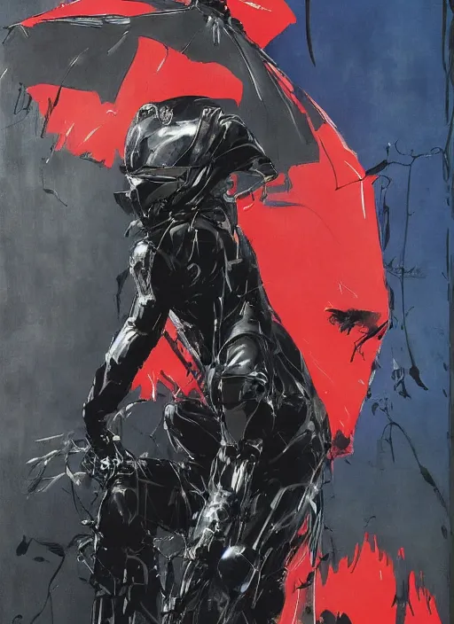 Prompt: senz umbrella, held by black leather suit supermodel in a still from death stranding ( 2 0 1 9 ) action game, by ashley wood, yoji shinkawa, jamie hewlett, 6 0's french movie poster, french impressionism, vivid colors, palette knife and brush strokes, concept art