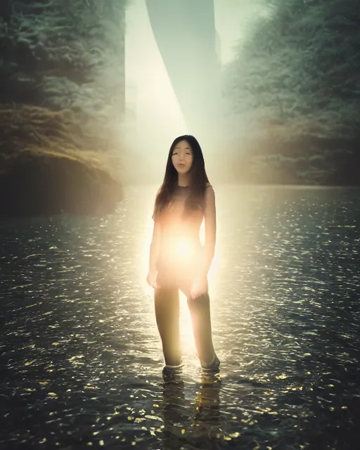 Image similar to beautiful centered photo portrait of hoyeon jung as a solarpunk robotic humanoid with white mechanical parts with bright halogen lights, walking through calm water, ultra - realistic and detailed, foggy background, sunset lighting, soft focus, slow exposure hdr 8 k