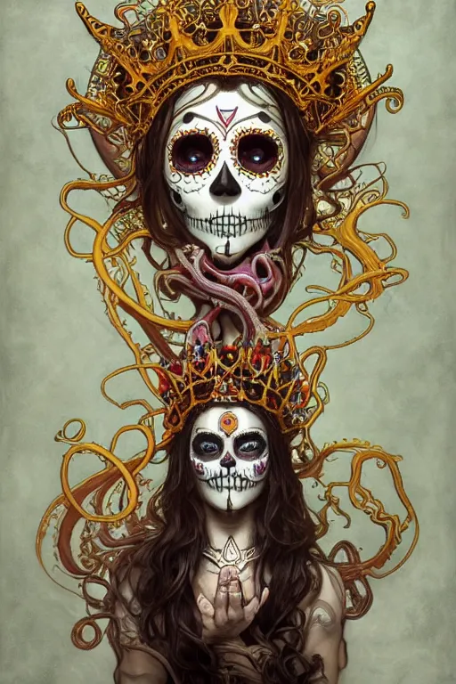 Image similar to sugar skull, a golden crown floating above his head, tentacles coming out the ground art by Artgerm and Greg Rutkowski and Alphonse Mucha and Craig Mullins and James Jean and Andrei Riabovitchev and Marc Simonetti and peter mohrbacher, sharp focus, ominous, cosmic horror, trending on artstation, Ultra detailed, hyper realistic 4k