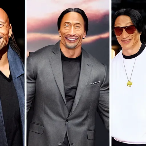 Prompt: a picture of Dwayne Johnson, snoop Dogg and Jackie Chan posing together for the camera