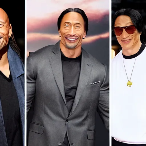 Image similar to a picture of Dwayne Johnson, snoop Dogg and Jackie Chan posing together for the camera