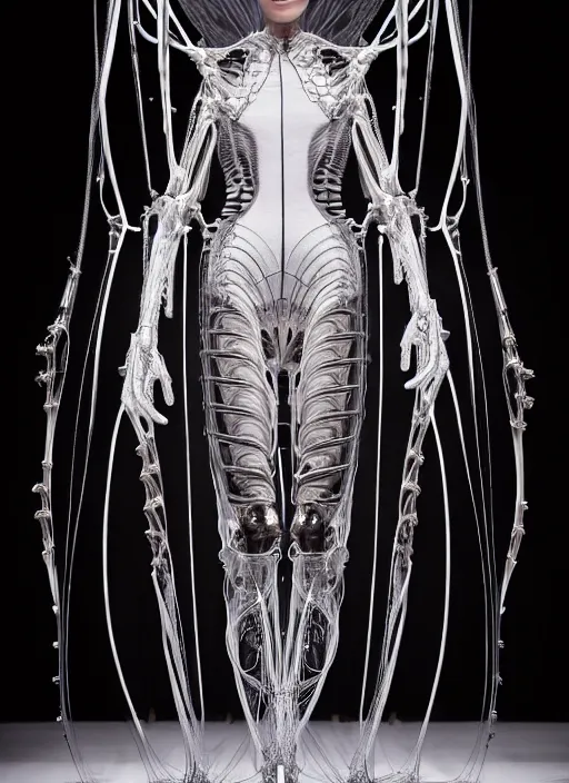 Prompt: walking down the catwalk, show, stage, vogue photo, podium, fashion show photo, iris van herpen, beautiful woman, full body shot, masterpiece, inflateble shapes, alien, giger, plant predator, guyver, jellyfish, wires, veins, white biomechanical details, wearing epic bionic cyborg implants, highly detailed