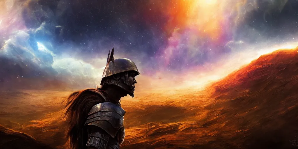 Prompt: beautiful cinematic artwork from close up behind a warrior standing on the battlefield looking up at the sky, battle around him, the sky has rift to the cosmos, by greg rutowski, masterpiece, 4k