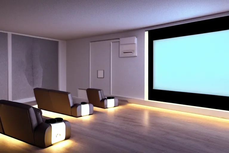 Image similar to very wide angle view, a modern home movie theater with giant projector screen!!, stylish wall sconces lights, detailed art deco decoration!!, plants, popcorn machine, rough watercolor painting, trending on artstation