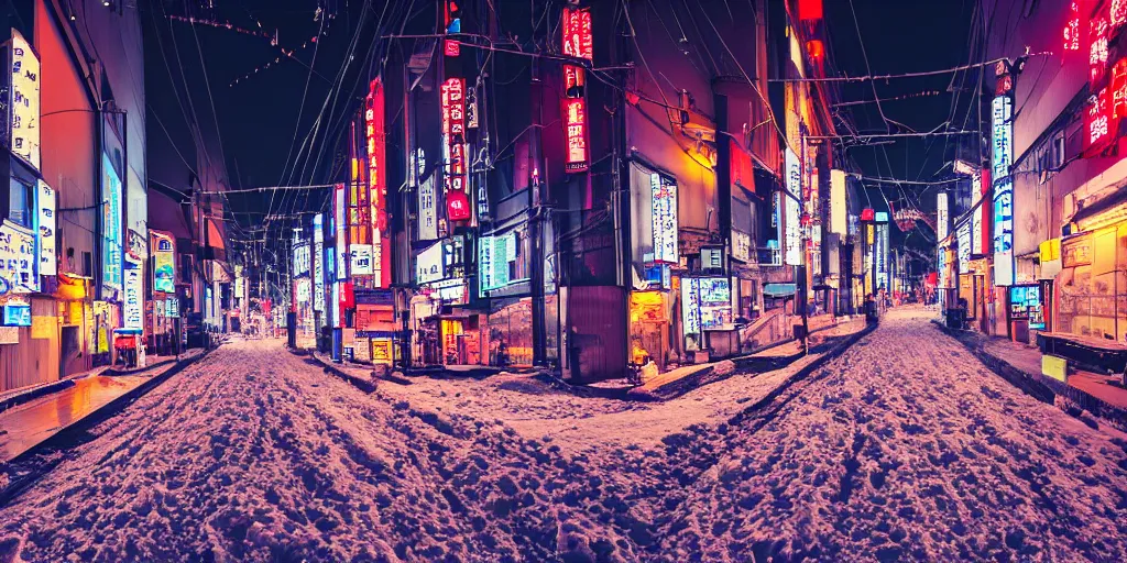 Image similar to a city street at night, snowing, photograph, cyberpunk, sharp focus, intricate detail, drone shot, high resolution, 8k, neon streetlights, wires hanging down everywhere, Japan, colourful