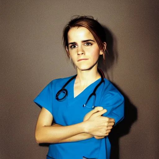 Image similar to emma watson, nurse scrubs, hospital, portrait, ponytail, mouth open, rolling eyes, head and shoulders, award winning, kodak ektachrome expired blue tint,