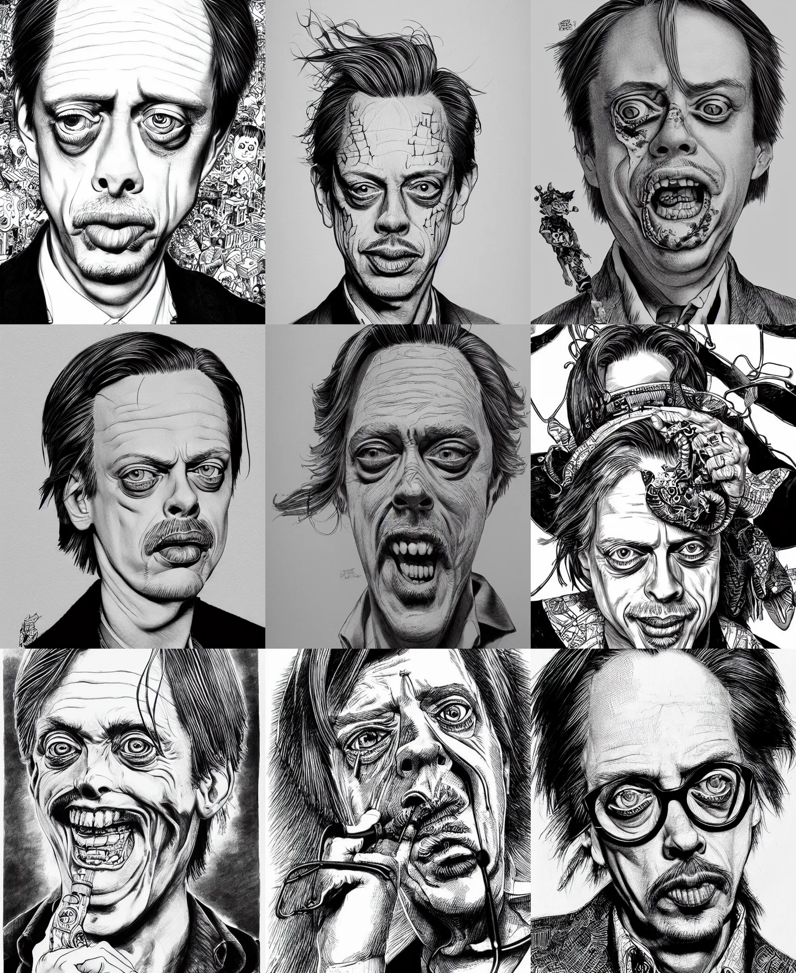 Prompt: highly detailed ink illustration of steve buscemi, b & w clean shaped illustration by kim jung gi, ron english and eiichiro oda