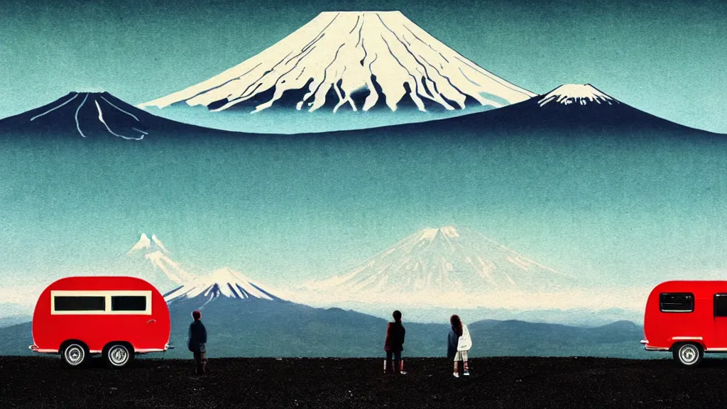 Image similar to a scene of two travellers and their camper touring overlook at the edge of yamanaka lake, reflecting mount fuji and a dramatic sky, japan, a collage painting, in the style of wes anderson, lola dupre, david hockney, isolated on negative white space background dark monochrome neon spraypaint accents volumetric octane render