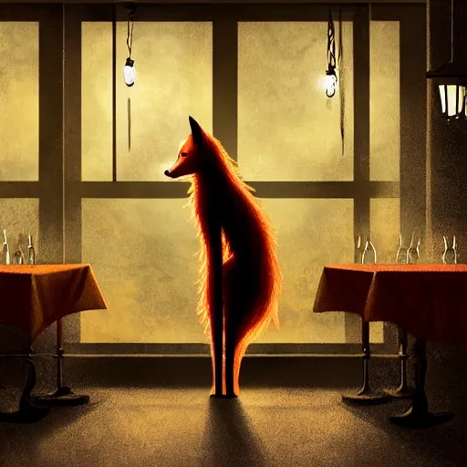 Image similar to humanoid fox detective in an evil restaurant. dark, gothic, moonlight through window. fine art, masterpiece digital painting, 4 k