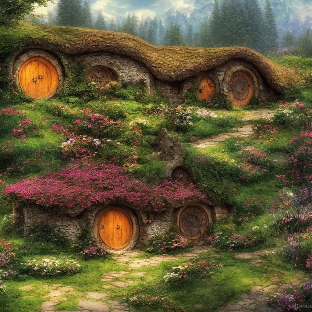 Prompt: hobbit house in lord of the rings in the style of thomas kinkade