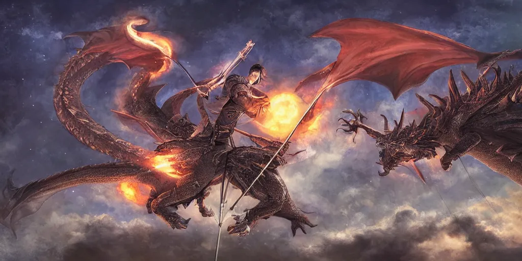 Image similar to korean archer fighting a dragon under the night sky. the archer is in the ground. the dragon in the sky. dark fantasy. high resolution. dungenons and dragons. fantasy. detailed. digital art. dark fantasy.