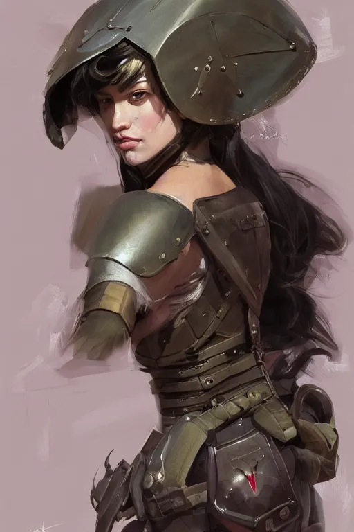 Image similar to a professionally painted portrait of an attractive young woman, clothed in military armor, olive skin, long dark hair, beautiful bone structure, symmetrical facial features, intricate, elegant, digital painting, trending on Artstation, concept art, smooth, sharp focus, illustration, from Metal Gear by Ruan Jia and Mandy Jurgens and Artgerm and William-Adolphe Bouguerea, award winning