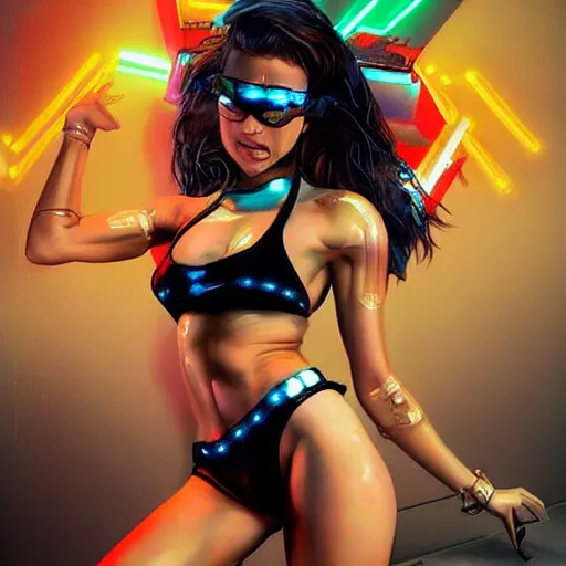Image similar to a full bodied portrait of beautiful, mischievous, young woman in neon bikini by sandra chevrier, detailed render, epic composition, cybernetics, 4 k realistic, cryengine, realistic shaded lighting, sharp focus, masterpiece, by matteo scalera, gary montalbano, peter elson in the style of the tokyo ghost comic