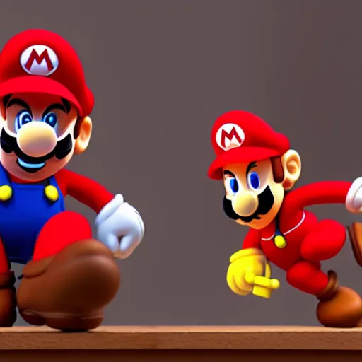 Prompt: Mario Mario in a still from a Wallace and Gromit stopmotion animation, plasticine models, high quality, slightly desaturated colors, 4k