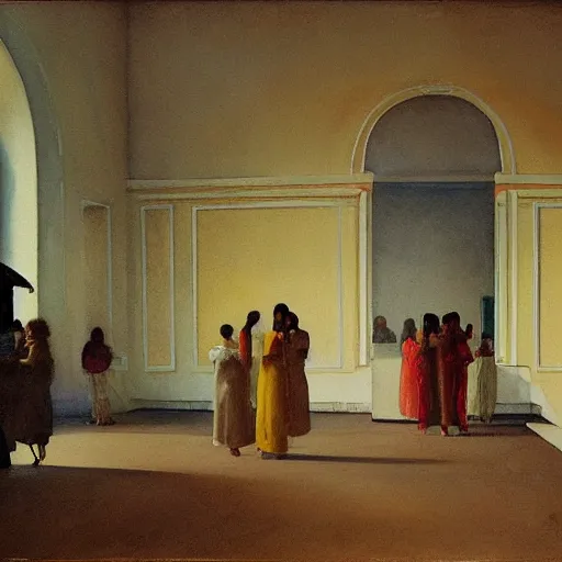 Prompt: a procession of women in an abandoned ivory and gold soviet temple, watercolor by ivan biblin, by hammershøi, art noveau, highly detailed, lights by edward hopper, liminal, eerie, bright pastel colors