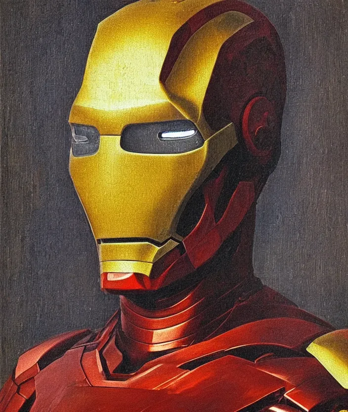 Prompt: oil painting half-lenght portrait of iron man by Leonardo da Vinci