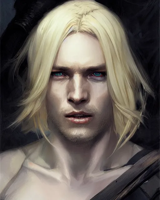 Prompt: male rogue changeling wielding daggers, blond hair, pale skin | | realistic shaded, fine details, realistic shaded lighting painting by greg rutkowski, diego gisbert llorens, magali villeneuve, artgerm, jeremy lipkin, michael garmash, rob rey