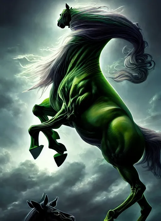 Image similar to the singular horseman of the apocalypse is riding a strong fierce ferocious rabid undead green stallion, horse is up on its hind legs, the strong male rider is death with a scithe, beautiful artwork by artgerm and rutkowski, breathtaking, dramatic