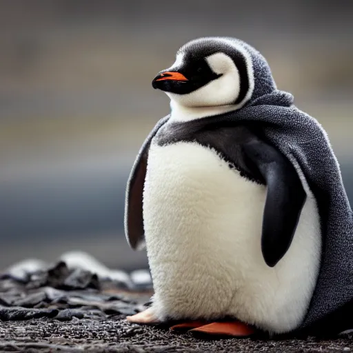 Prompt: baby penguin cuddling in a blanket, trending on artstation, national geographic, 4 k