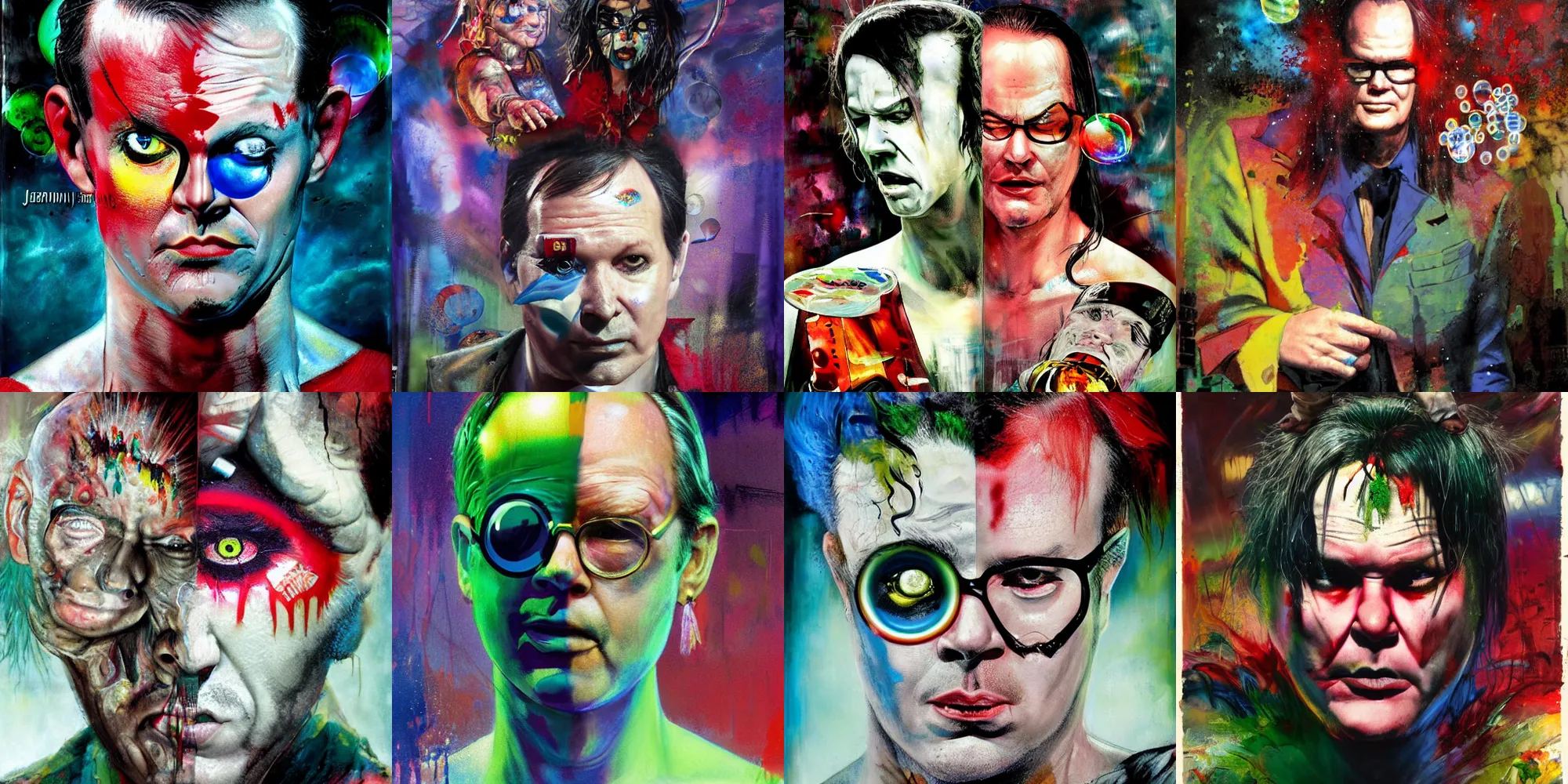 Prompt: drunken jim cornette as dream from sandman, one green eye and one red eye, ( hallucinating colorful soap bubbles ), by jeremy mann, by sandra chevrier, by dave mckean and richard avedon and maciej kuciara, 8 0's, punk rock, high detailed, 8 k