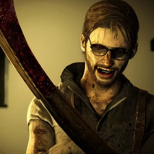 Image similar to jack baker from resident evil 7 ( 2 0 1 7 ) wielding axe, slasher smile, cinematic lighting, eerie atmosphere, re engine render, photorealistic face