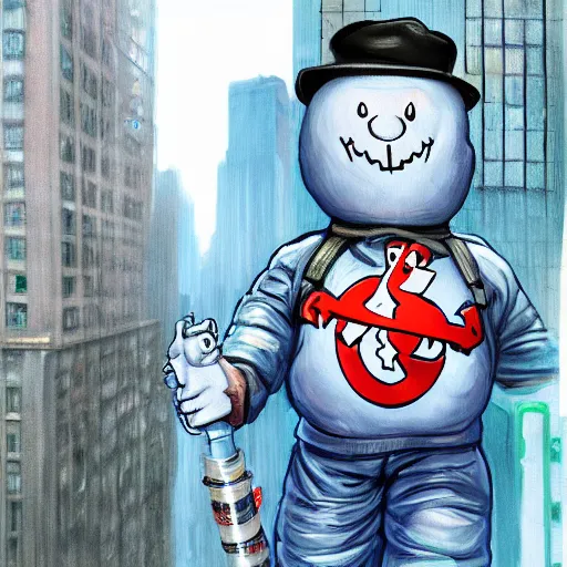 Prompt: a giant ghostbusters stay puff marshmallow man wearing timberland shoes and a yankee hat smoking a joint walking in new york city, highly detailed portrait, digital painting, artstation, artstation hq