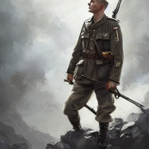 Prompt: a dramatic epic ethereal portrait of a German WWII soldier, full body with dynamic pose, male, detailed face, cinematic lighting, highly detailed oil on canvas painting by Greg Rutkowski, winning-award digital art trending on Artstation H 1024 W 832