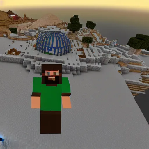 Prompt: A minecraft character with a Yasser Arafat skin standing in front of the Dome of The Rock in minecraft