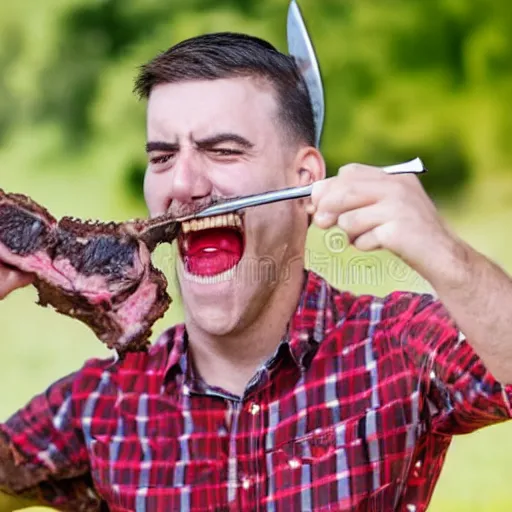 Prompt: man with whole tomahawk steak stuck between his teeth stock photo