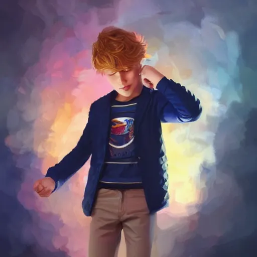 Prompt: colorful and festive captivating young boy with wavy blonde hair, navy blue jacket and blue shorts. rich vivid colors, ambient lighting, dynamic lighting, 4 k, atmospheric lighting, painted, intricate, highly detailed by charlie bowater