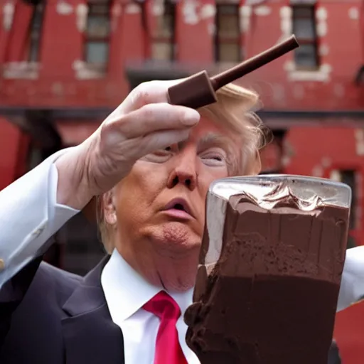 Image similar to donald j. trump shooting chocolate pudding from his fingertips onto liberals