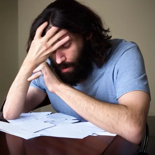 Prompt: a stressed out jesus christ doing his taxes, candid photography