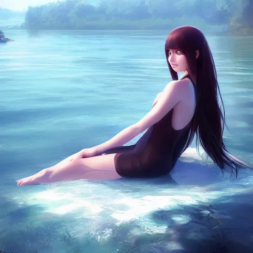 Image similar to woman sitting with her feet in a lake, beautiful and relaxing, very very very long hair, Makoto Shinkai ilya kuvshinov and Wojtek Fus