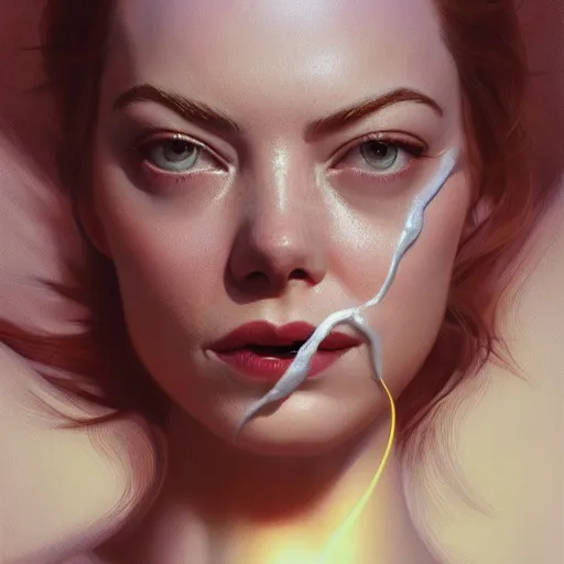 Prompt: foam floats around Emma Stone's mouth, closeup photo, dramatic lighting, intricate, wild, highly detailed, digital painting, artstation, concept art, smooth, sharp focus, illustration, art by artgerm and greg rutkowski and alphonse mucha, footage