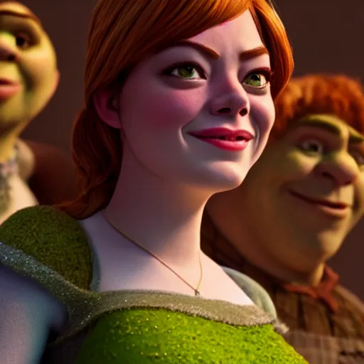 Image similar to Emma Stone as a female Shrek, Shrek features, fully detailed, high quality , 4k , octane render , soft lightening , masterpiece