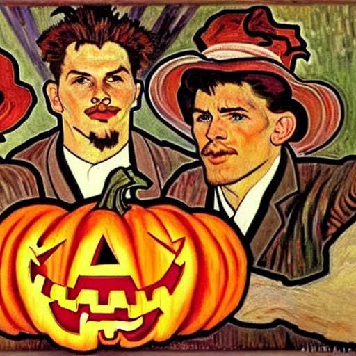 Image similar to painting of arkansas razorbacks players at the halloween jack o'lantern party, elegant, clear, painting, stylized, delicate, soft facial features, art, art by alphonse mucha, vincent van gogh, egon schiele